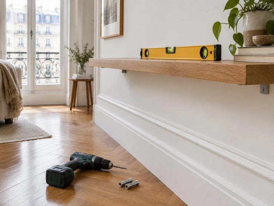 Petit bricolage à domicile : fixation d'une étagère (illustration)