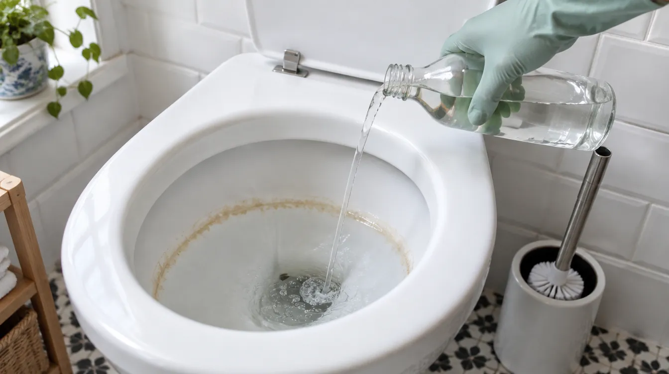 Main gantée versant du vinaigre blanc dans une cuvette de WC marquée d'un anneau de calcaire (illustration)