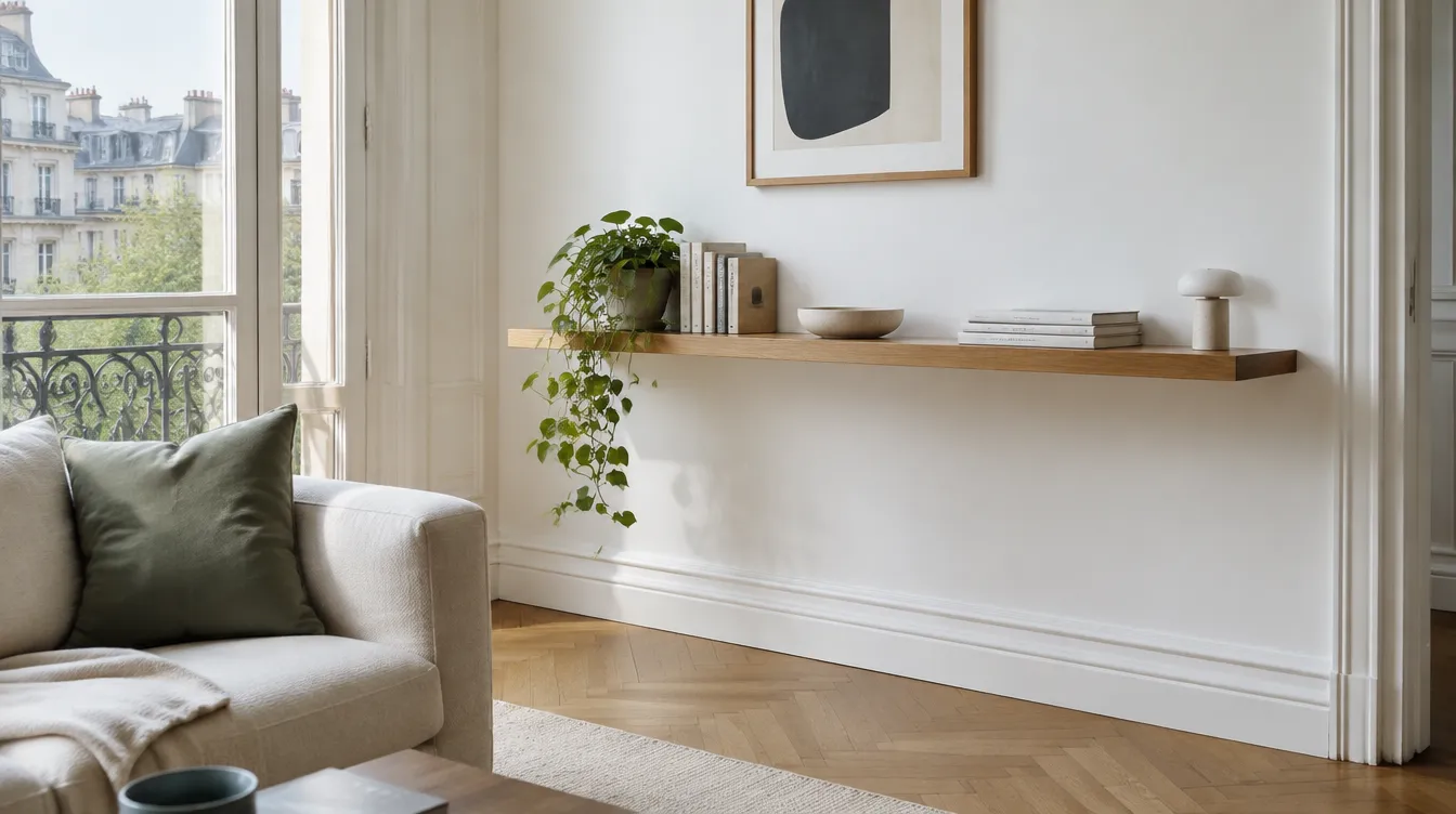 Étagère flottante en bois clair fixée au mur sans équerre visible, quelques livres et une plante posés dessus (illustration)
