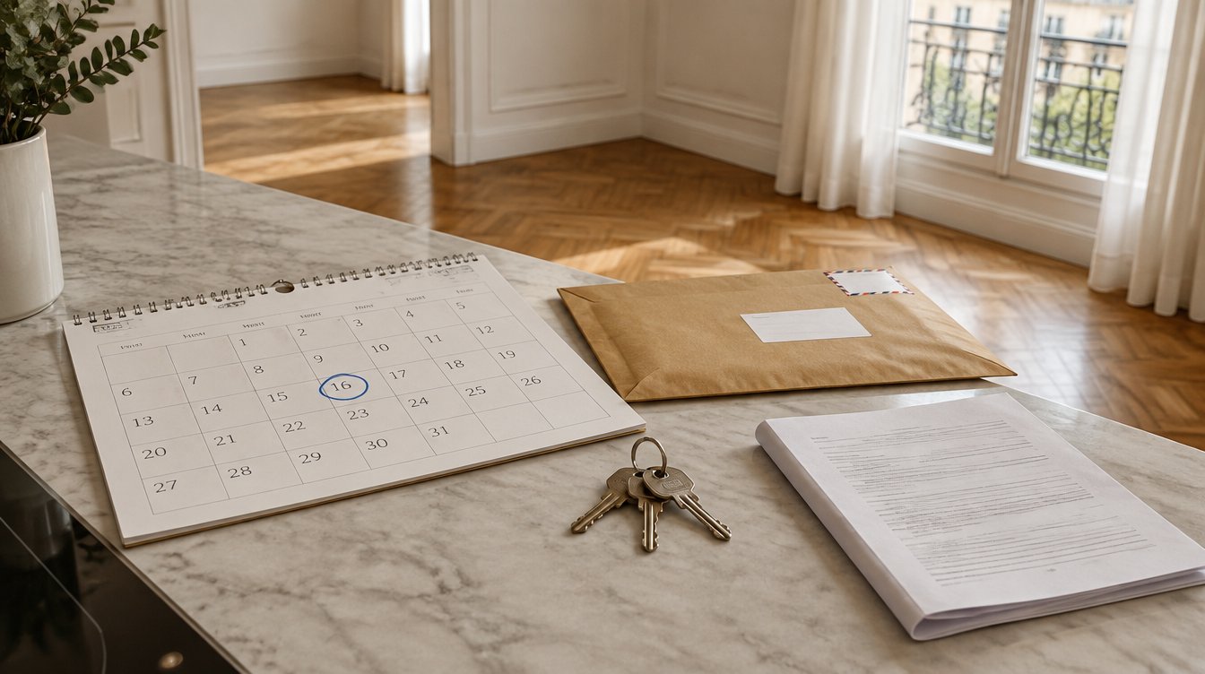 Calendrier avec une date entourée, lettre recommandée et clés sur le plan de travail d'un appartement vide (illustration)