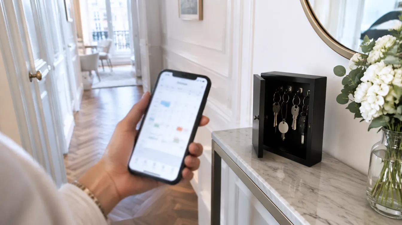 Appartement parisien prêt pour l'arrivée de voyageurs : lit fait, serviettes pliées, clés posées sur la table (illustration)