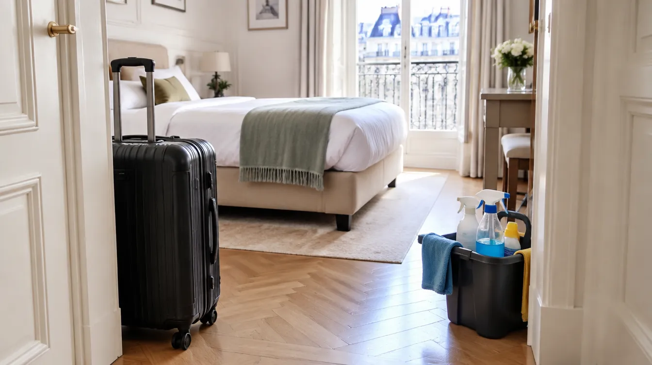 Illustration : appartement de location courte durée préparé entre deux voyageurs, lit fait et serviettes pliées