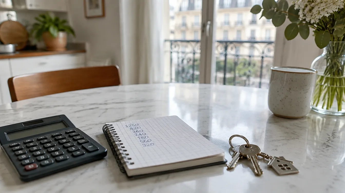 Calculatrice, carnet de calculs et clés de location sur une table en marbre, balcon d’immeuble parisien en arrière-plan (illustration)