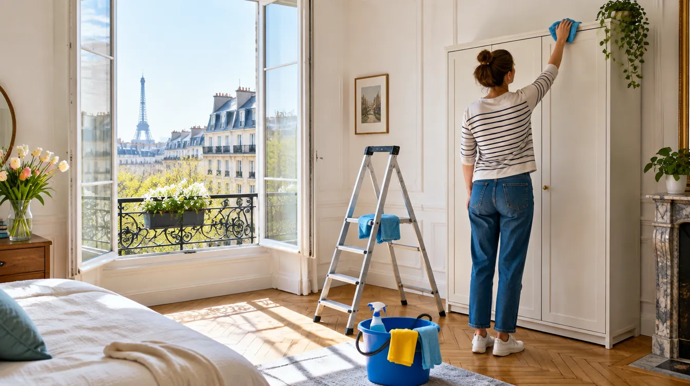 Personne essuyant le haut d'une armoire dans un appartement parisien lumineux, fenêtre ouverte, escabeau et seau (illustration)