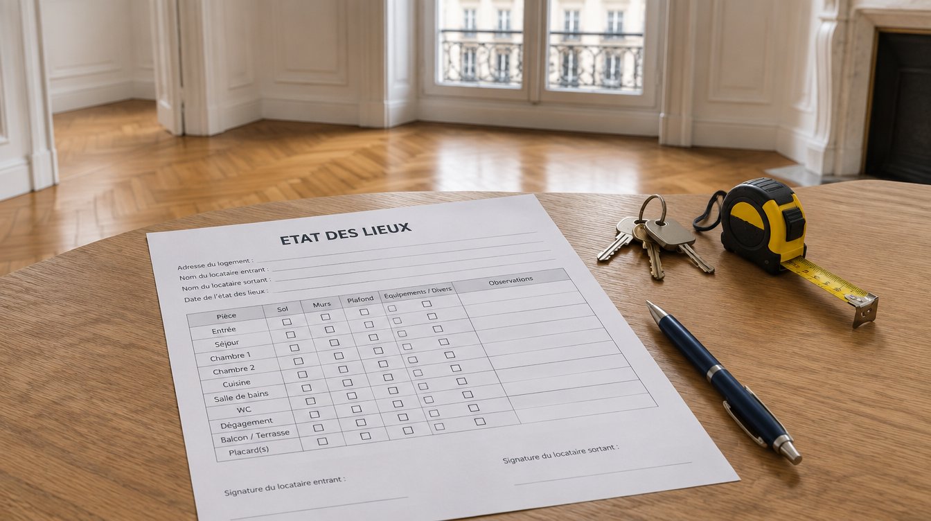 Document d'état des lieux avec tableau pièce par pièce, clés et stylo sur une table dans un appartement vide (illustration)