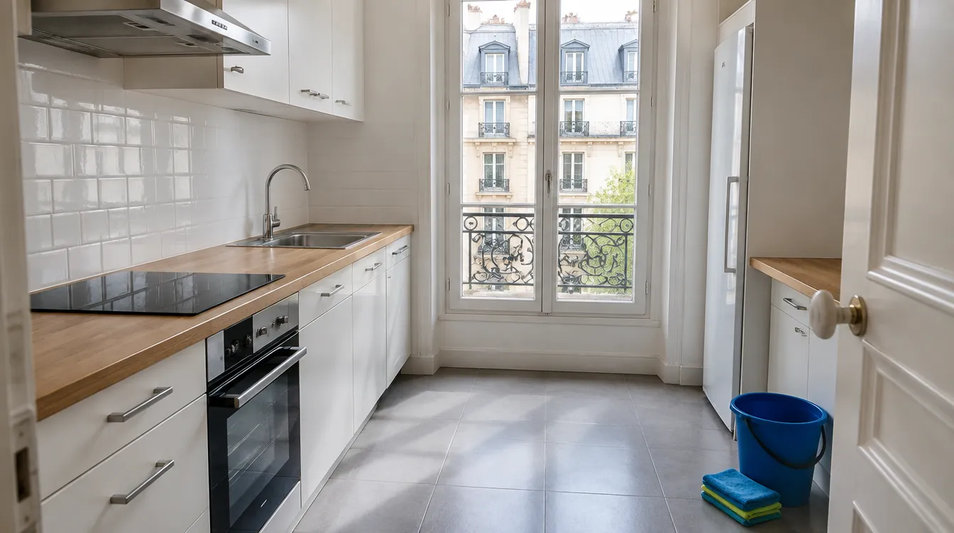 Cuisine d'appartement parisien propre et vide après un nettoyage en profondeur, seau et microfibres près de la porte (illustration)