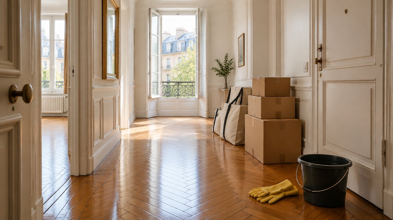 Couloir d'un appartement ancien après nettoyage, cartons et sacs prêts à être évacués, fenêtre ouverte (illustration)