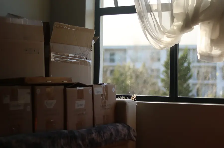 Cartons de tri et de débarras rangés près d’une fenêtre