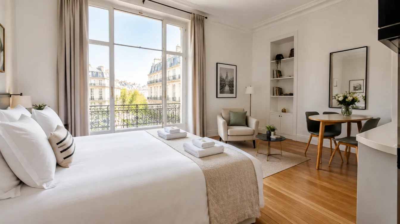 Studio parisien prêt pour le prochain voyageur, lit fait et serviettes pliées (illustration)